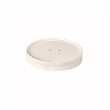 A round, flat, cream-colored Coppa lid carton 250/350 ml White from Duni GmbH (116x116x10 mm, 50 pieces) with two small holes near the center is depicted on a plain white background.