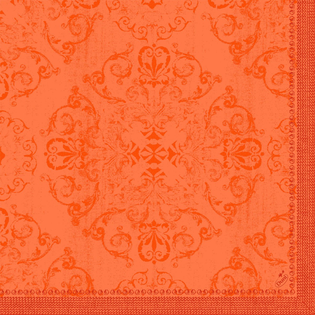 The ornate orange damask pattern with floral and snail motifs gives the Duni GmbH Dunilin napkins 40 x 40 cm 1/4 fold a textured vintage look - ideal as high-quality napkins for any occasion.