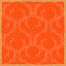 The Dunicel table cover 84x84 cm by Duni GmbH in Royal Sun Orange features an ornate, repeating damask pattern with aged texture and gold border. Ideal for elegantly set tables. The package contains 20 pieces.