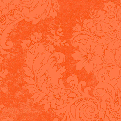 Embellished floral and leaf pattern in orange tones with large blossoms and textured background. Duni GmbH Dunilin napkins 40 x 40 cm 1/4 fold - ideal for the set table in vintage or baroque style.