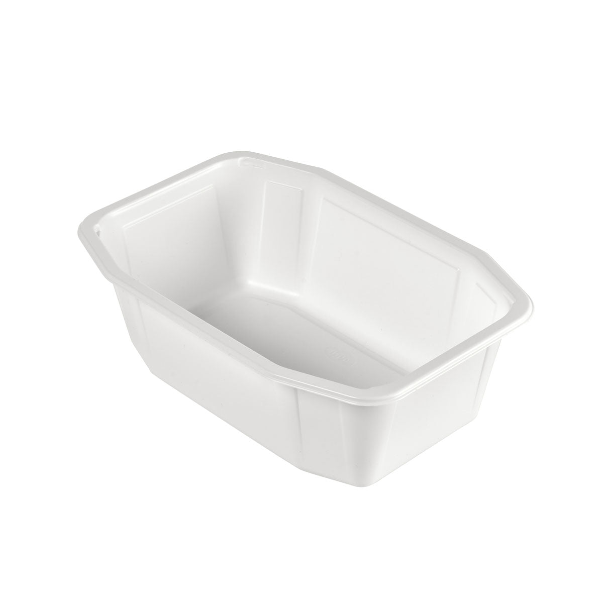 The Duni GmbH PP bowl HMR White PP 215x148 is a simple, white, rectangular food container made of plastic with slightly tapered sides and a flat bottom, depicted on a white background.