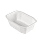 The Duni GmbH PP bowl HMR White PP 215x148 is a simple, white, rectangular food container made of plastic with slightly tapered sides and a flat bottom, depicted on a white background.