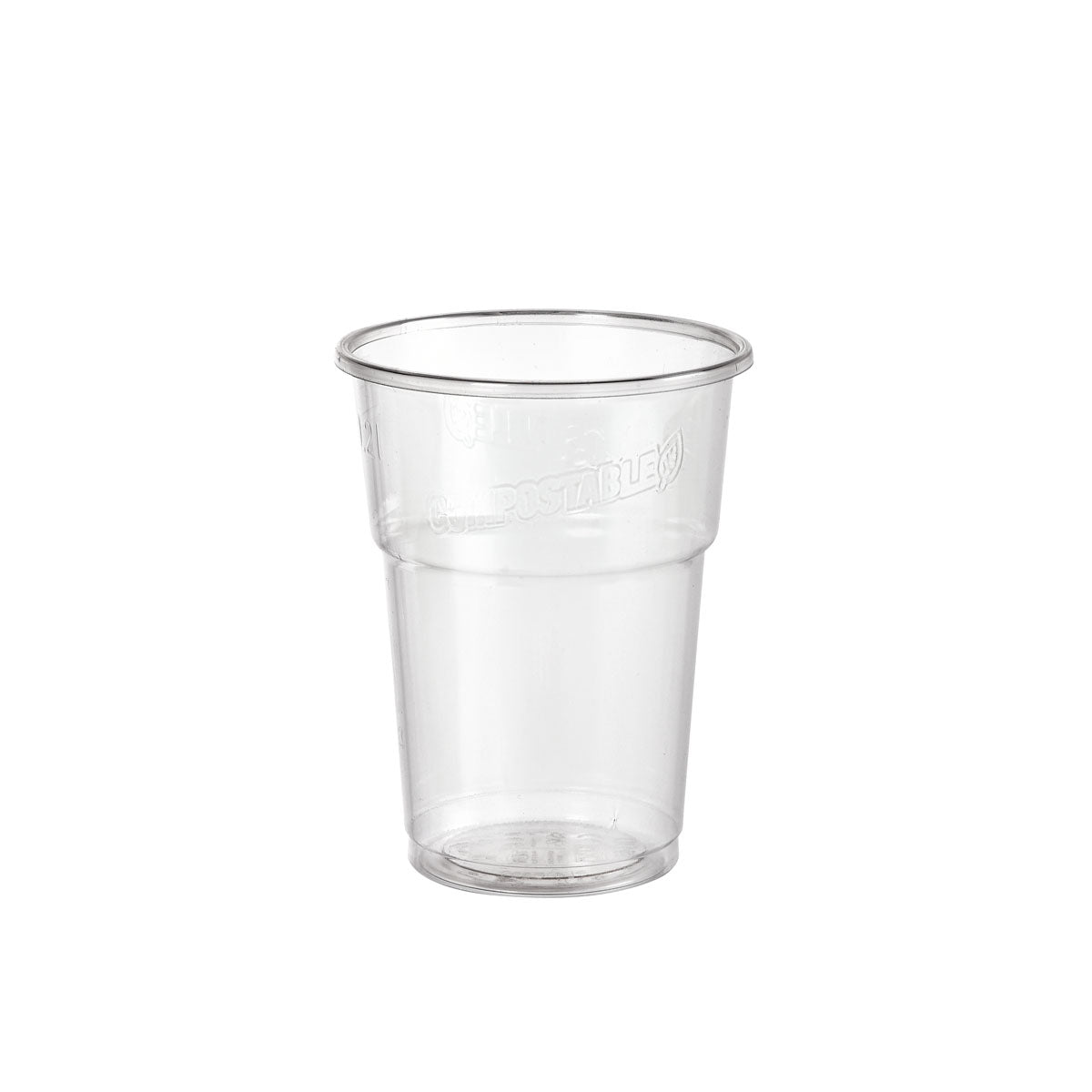 The glass, PLA, fill line Transparent PLA cup from Duni GmbH is a clear plastic cup with a smooth, glass-like surface and a slightly flared rim, depicted empty on a white background.