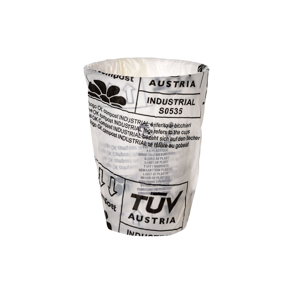 A transparent PLA cup (250 ml) from Duni GmbH, individually wrapped, sits on a plain background - ideal for sustainable packaging and also available in a 500-piece pack alongside options like the 250 ml glass bottle.