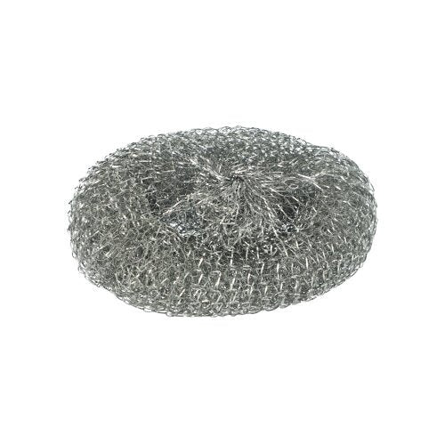 The Starpak 10 pot cleaner is a round, silver, scratchy wire scrubber that is ideal for cleaning stubborn stains on cookware and surfaces.