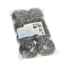 A transparent plastic package with eight Starpak spiral pot cleaners, stainless steel Ø 7.5 cm · 6 cm, abrasive | foil (8 pieces), with a blue-white label featuring product details and pot images for efficient cleaning.