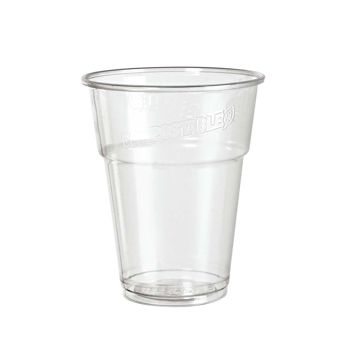 A transparent PLA cup "glass, PLA, fill line Transparent PLA" from Duni GmbH stands upright on a white background. An embossed text near the rim highlights the eco-friendly filament, which represents a sustainable choice.