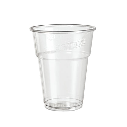 A transparent PLA cup "glass, PLA, fill line Transparent PLA" from Duni GmbH stands upright on a white background. An embossed text near the rim highlights the eco-friendly filament, which represents a sustainable choice.