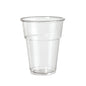 A transparent PLA cup "glass, PLA, fill line Transparent PLA" from Duni GmbH stands upright on a white background. An embossed text near the rim highlights the eco-friendly filament, which represents a sustainable choice.