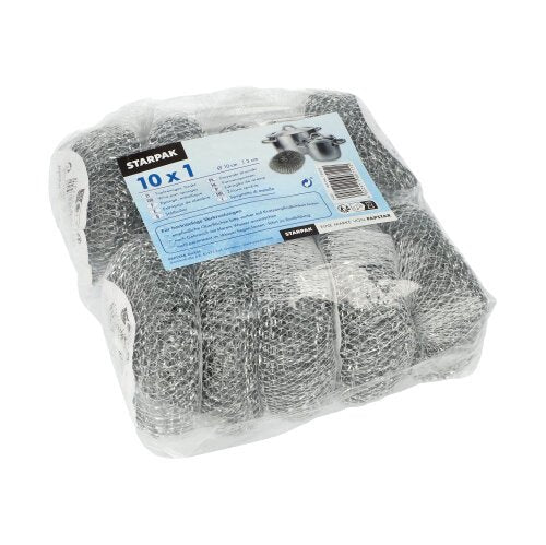 A Starpak pot cleaner wrapped in plastic (wire round Ø 10 cm, 3 cm, abrasive | mesh, 1 piece) with blue text and scrubber images, ideal for thorough cleaning of cookware with product details on the front.