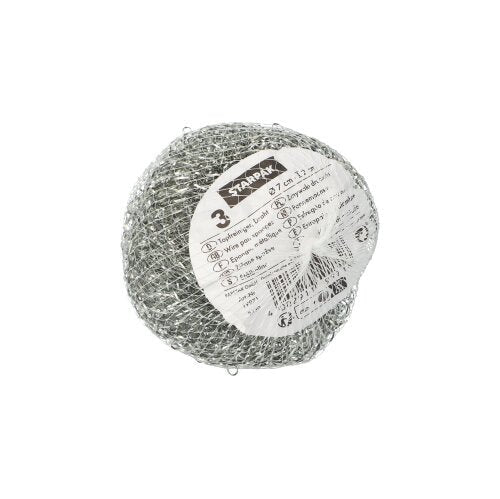 The Starpak 3 pot cleaners (wire Ø 7 cm · 2 cm, abrasive | mesh, 3 pieces) are round scouring pads made of metal with a white information label, ideal for thorough cleaning and scrubbing of various surfaces.