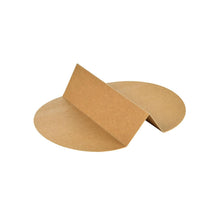 Two round, brown FSC cardboard discs are connected by a folded rectangular piece, representing the Duni GmbH cardboard divider RONDA 1300 ml for 196014 brown cardboard FSC/PLA (263x173x1), for food packaging. The assembly stands on a white background.