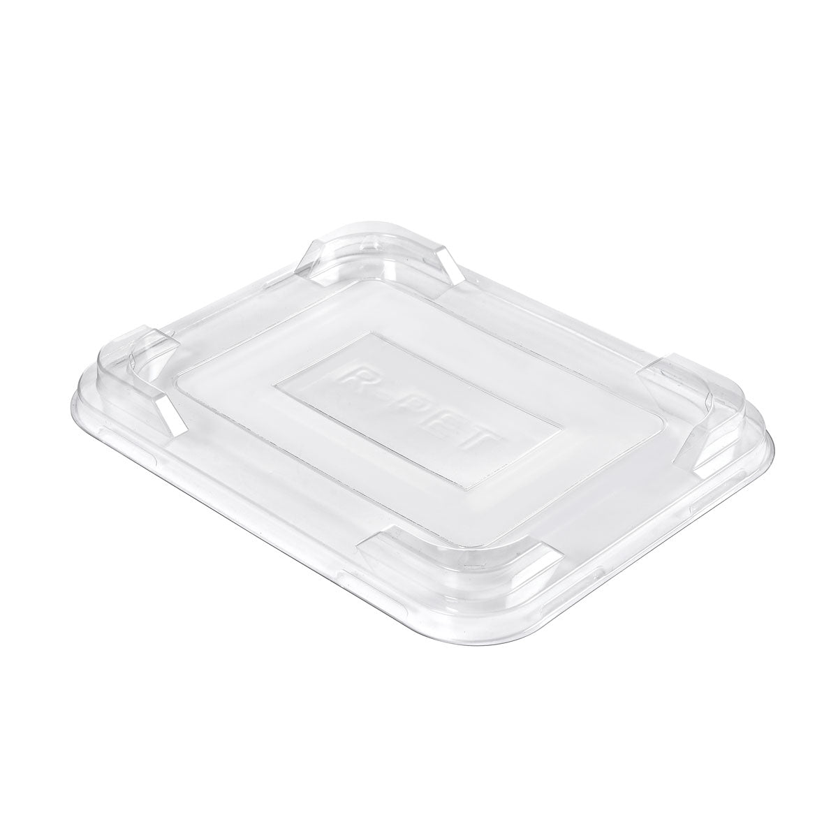 The rPET lid for Fibre Trays Caterline by Duni GmbH is a clear, rectangular lid (234x186x23 mm) made of transparent rPET. It has notched corners and raised edges for a secure fit on fiber trays. Delivered in packs of 220 pieces.