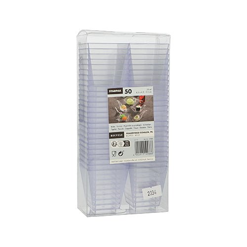 A pack of 50 transparent triangular Starpak finger food bowls (PS clear) from Starpak in a clear plastic packaging, provided with a label with information and a dessert image – ideal for events and stylish dessert presentations.