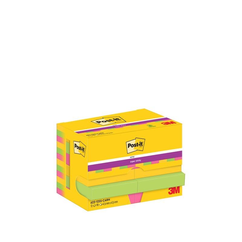A yellow box of Post-it® Super Sticky Notes (47.6 mm x 47.6 mm, 90 sheets/block, 100% PEFC) from 3M Deutschland GmbH shows horizontally stacked blocks with visible branding and product details.