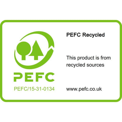 A PEFC Recycled label with the inscription "This product comes from recycled sources" with the PEFC logo, the certificate number PEFC/15-31-0134, and www.pefc.co.uk appears on 3M Post-it® Recycling Notes (38x51mm, 100 sheets, 100% PEFC).