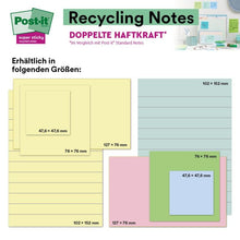 A graphic shows 3M Post-it® Super Sticky 100% Recycled Notes (102 x 152 mm, lined, various colors, 45 sheets/pad, 4 pads/pack, PEFC-certified) in use. Top left: Post-it logo. Text in German.