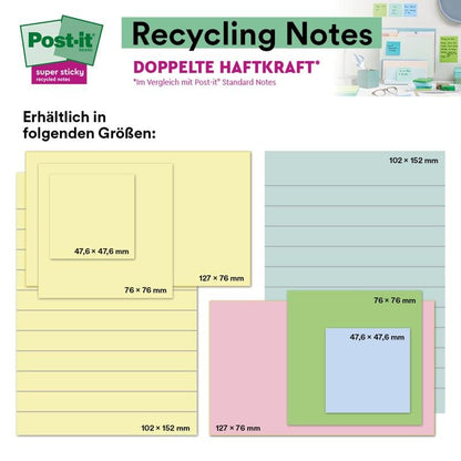 A graphic shows 3M Post-it® Super Sticky 100% Recycled Notes (102 x 152 mm, lined, various colors, 45 sheets/pad, 4 pads/pack, PEFC-certified) in use. Top left: Post-it logo. Text in German.