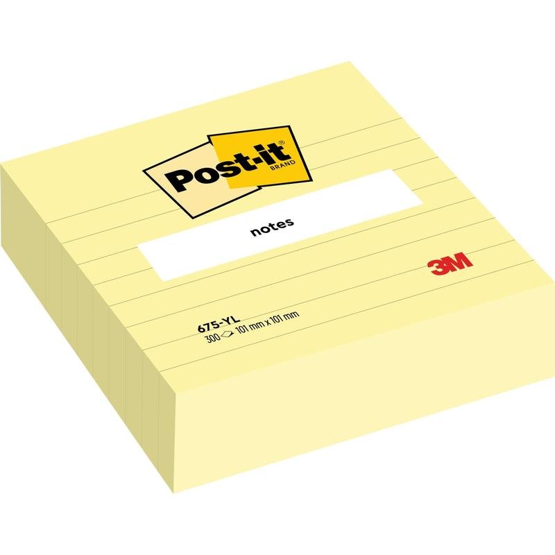 A stack of lined yellow Post-it® Notes in large format (101 mm x 101 mm, 300 sheets) from 3M Deutschland GmbH with a white "notes" label and red 3M logo - ideal for organized, generous notes.