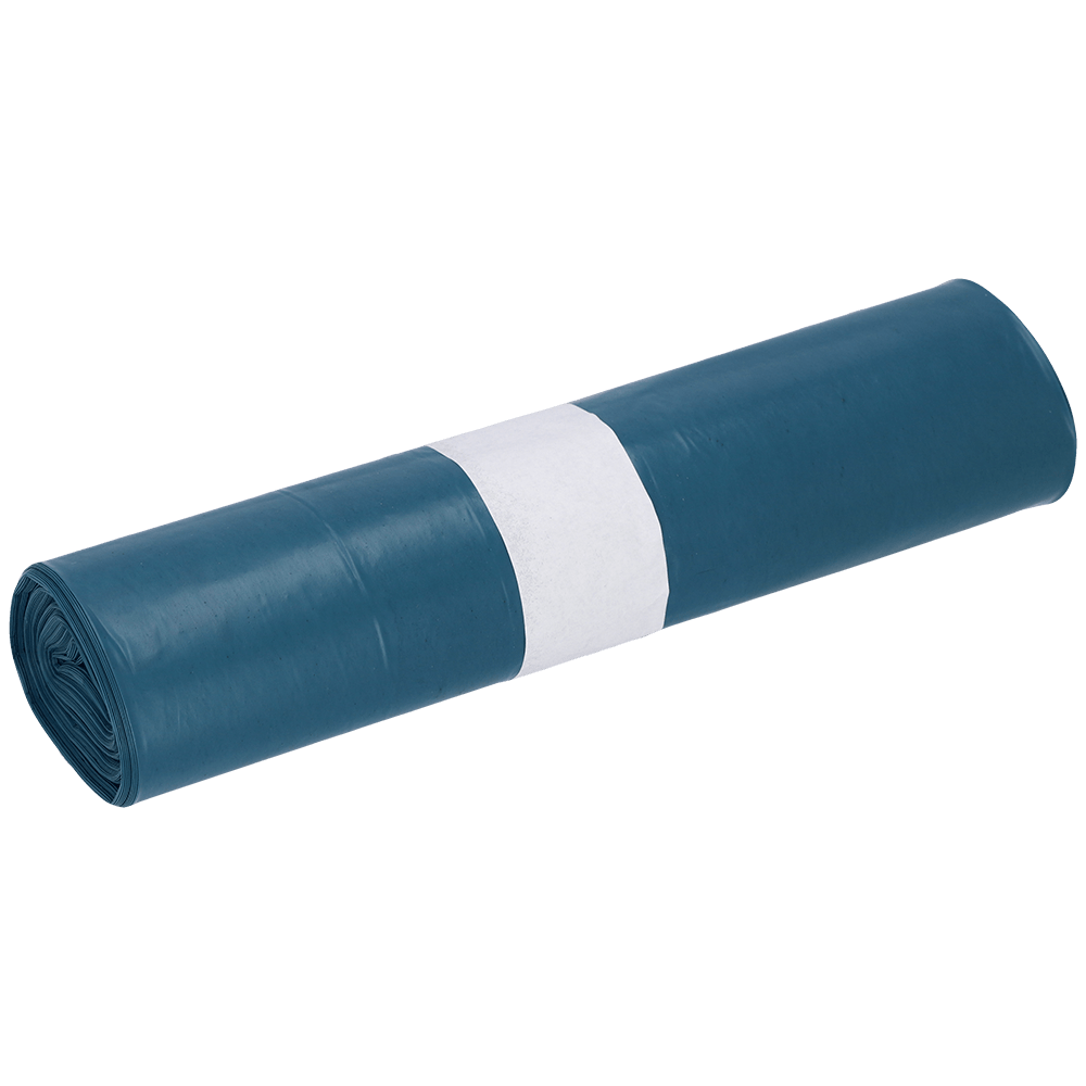 A roll of EMIL DEISS KG (GmbH + Co.) DEISS garbage bags made of recycled LDPE 35 l in blue (25 pieces) is tightly wrapped with a white paper band in the middle and stands in front of a plain-colored background.