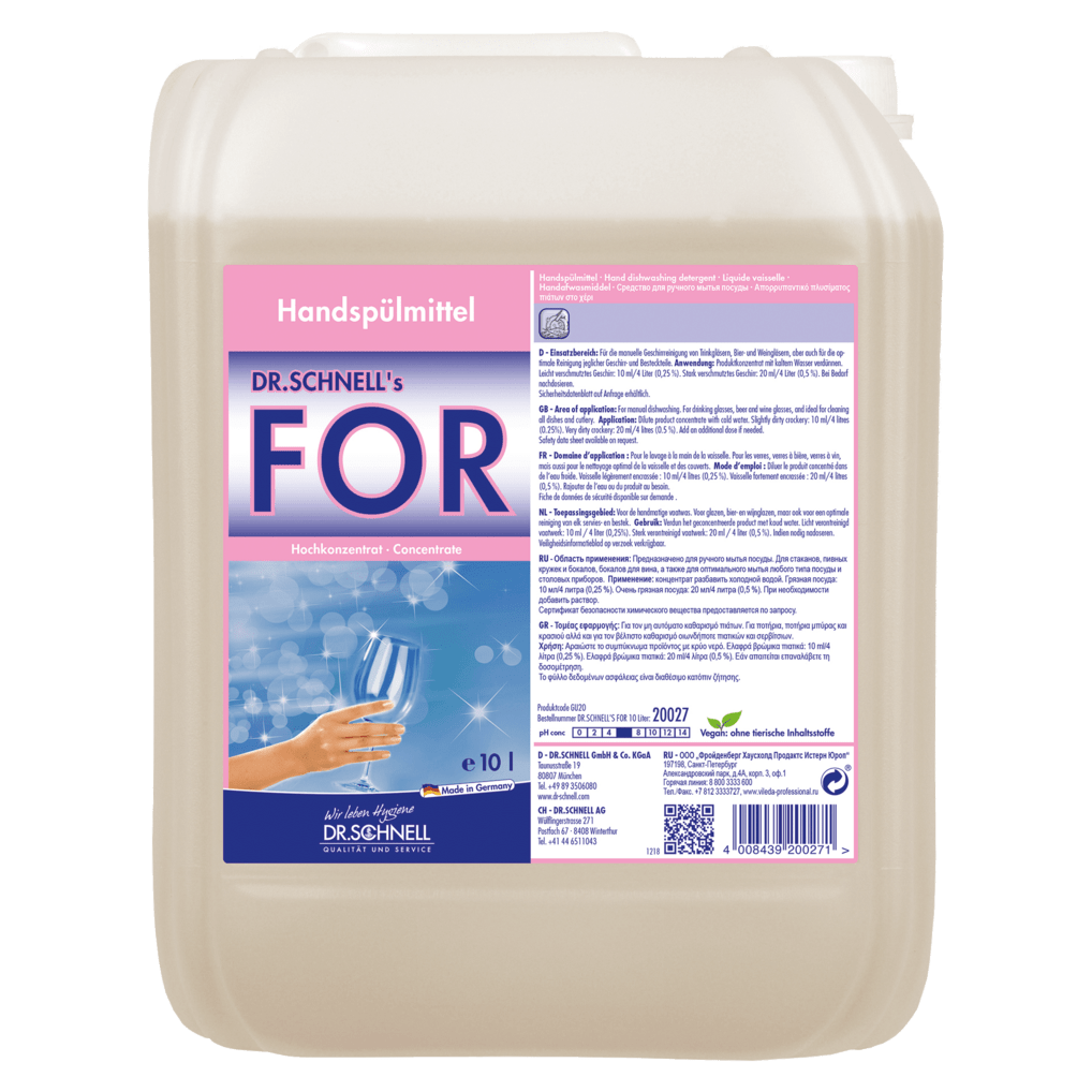 A 10-liter plastic container of Dr. Schnell FOR hand dishwashing liquid from DR.SCHNELL GmbH & Co. KGaA features a pink-blue label with a hand holding a clean wine glass and German product information for dishwashing in the catering industry.