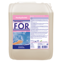 A 10-liter plastic container of Dr. Schnell FOR hand dishwashing liquid from DR.SCHNELL GmbH & Co. KGaA features a pink-blue label with a hand holding a clean wine glass and German product information for dishwashing in the catering industry.