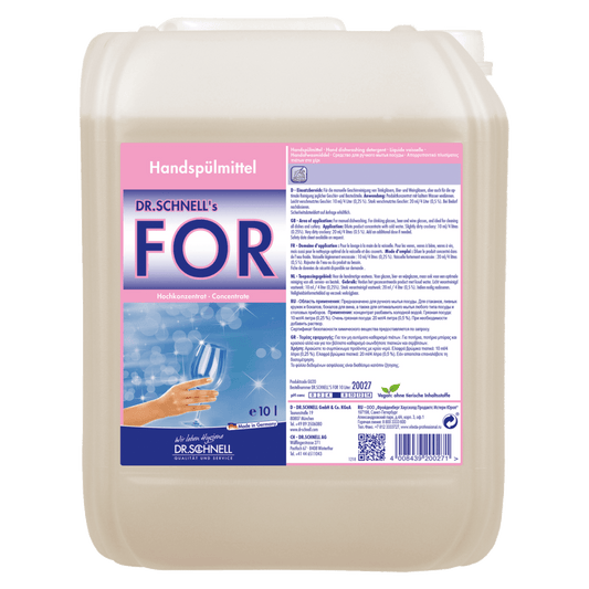 A 10-liter plastic container of Dr. Schnell FOR hand dishwashing liquid from DR.SCHNELL GmbH & Co. KGaA features a pink-blue label with a hand holding a clean wine glass and German product information for dishwashing in the catering industry.