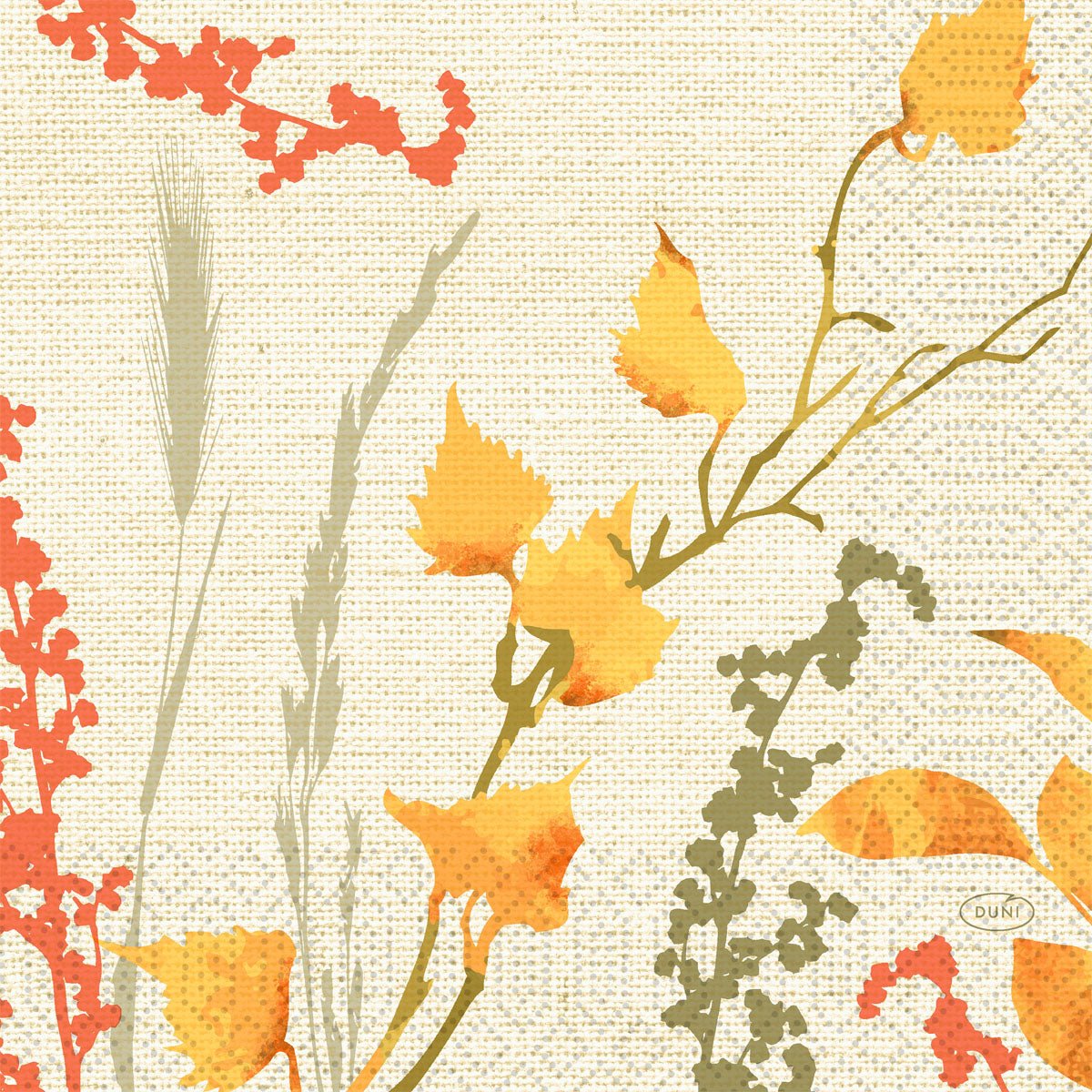 Autumnal plants and leaves in watercolor style in orange, yellow, and green adorn the Duni GmbH napkins 33x33 3-ply 1/4 Fall Beauty (250 pieces) with a textured beige background and elegant natural patterns.