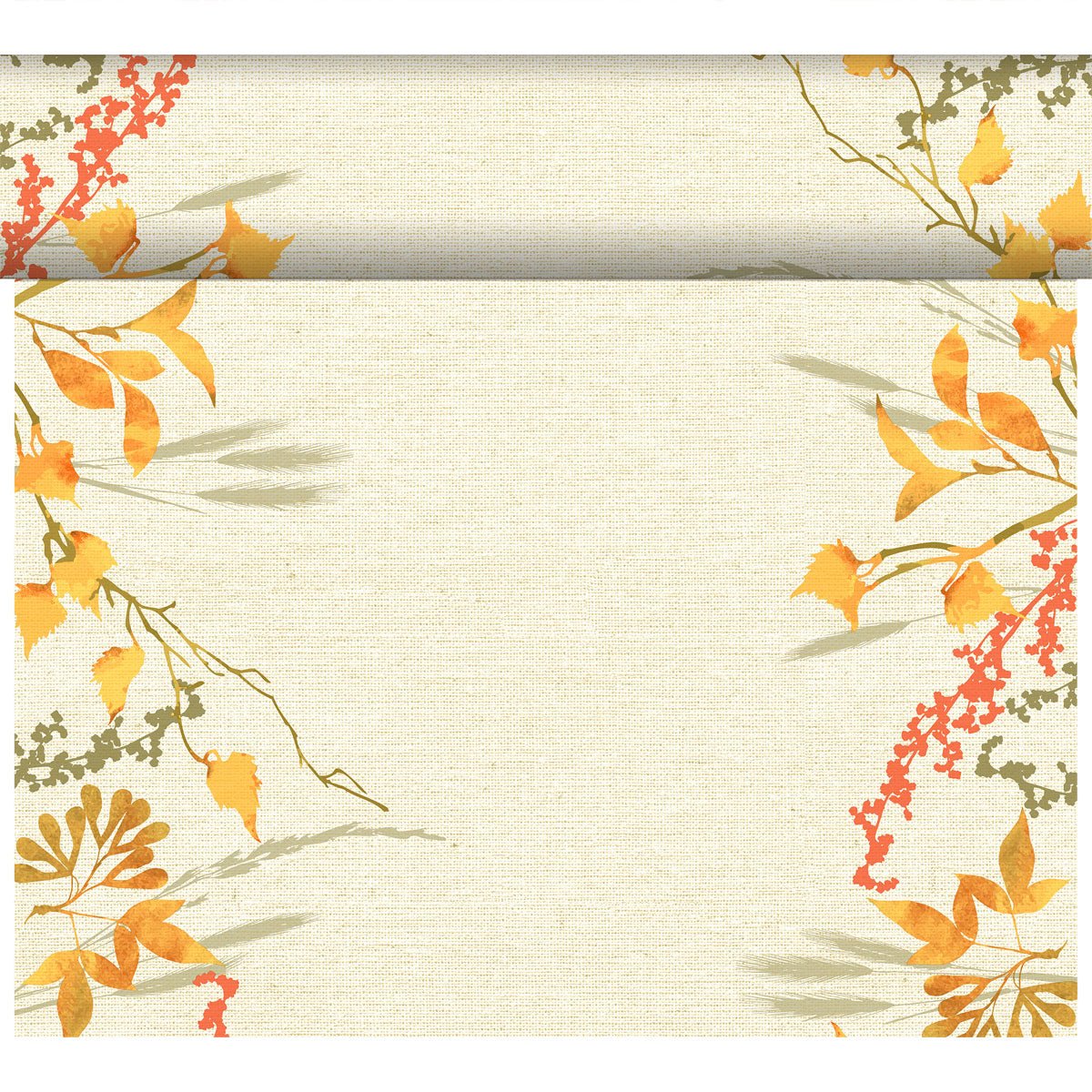 A structured beige background with autumn leaves and branches in watercolor style frames each corner, reminiscent of the Dunicel Tete-a-Tete table runner 0.4x24m Fall Beauty by Duni GmbH, while the center remains free.