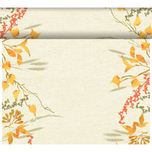 A structured beige background with autumn leaves and branches in watercolor style frames each corner, reminiscent of the Dunicel Tete-a-Tete table runner 0.4x24m Fall Beauty by Duni GmbH, while the center remains free.