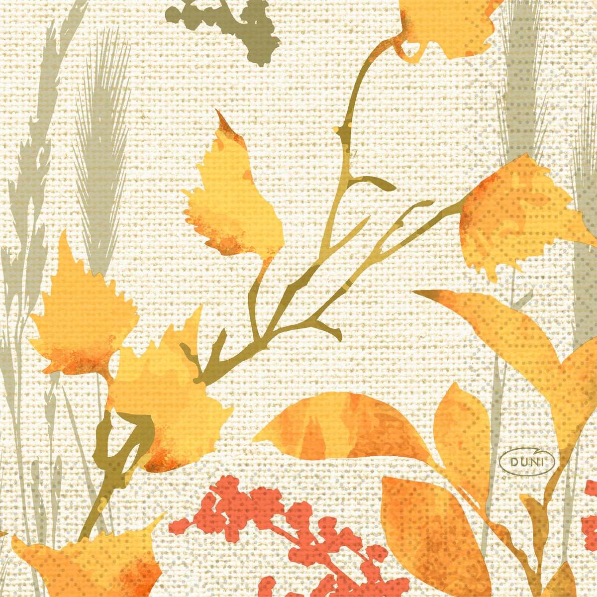 A structured background with yellow and orange autumn leaves, wheat stalks, and red berries creates a woven effect - ideal for Duni GmbH napkins 24x24 3-ply 1/4 fold Beauty | Pack (50 pieces).