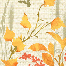 A structured background with yellow and orange autumn leaves, wheat stalks, and red berries creates a woven effect - ideal for Duni GmbH napkins 24x24 3-ply 1/4 fold Beauty | Pack (50 pieces).
