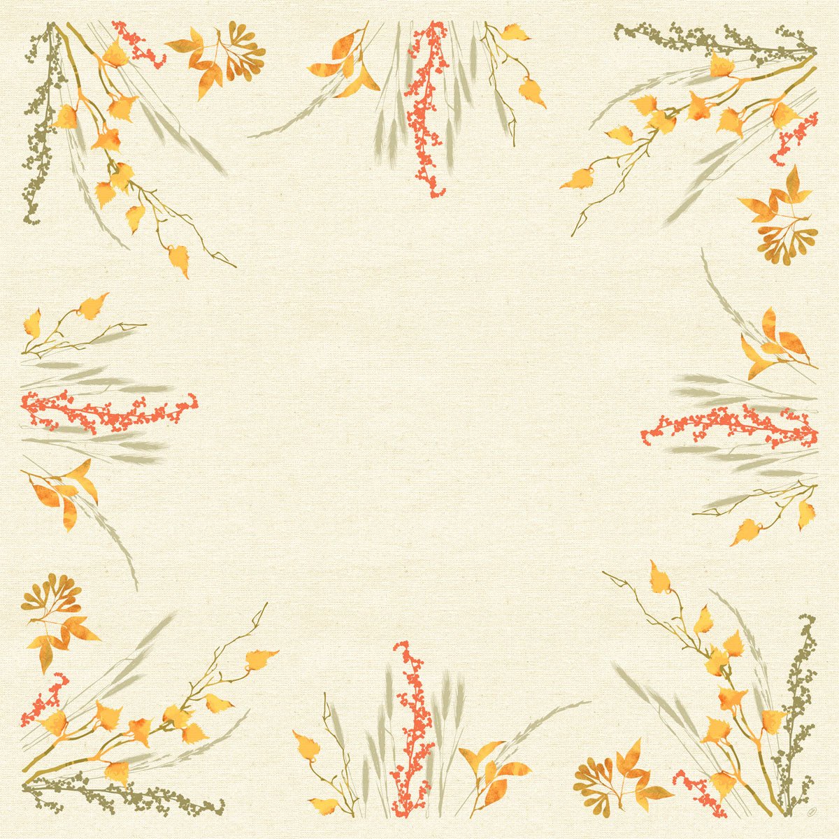 The Dunisilk+ tablecloth corner 84x84cm Fall Beauty by Duni GmbH has a beige, square frame with orange, yellow, and red floral patterns at each corner. A pack of 20 - perfect to highlight autumn themes and keep the center open for content.