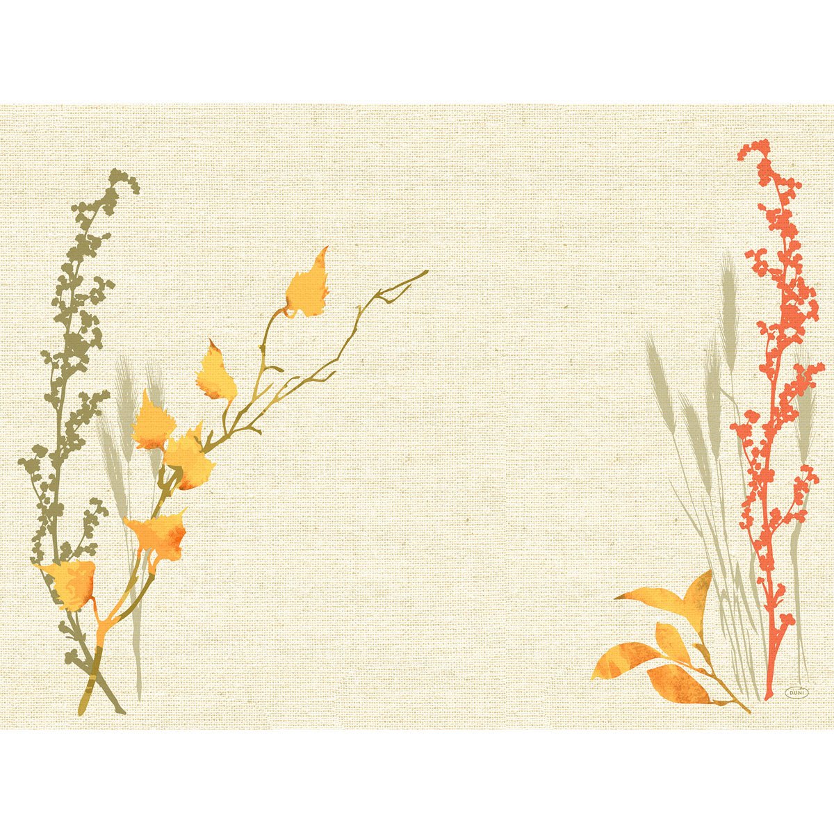A beige textured background with simple botanical art - yellow and green stems on the left, red stems on the right - leaves the center empty. Ideal motif for Dunicel sets 30x40 from Duni GmbH.