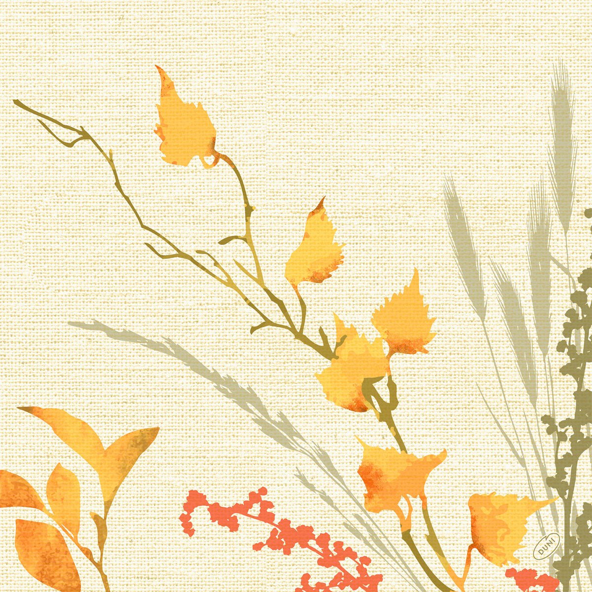 A digital illustration of various leaves and branches in muted autumn tones on a light beige background, inspired by Dunisoft napkins 40x40cm by Duni GmbH - ideal for eco-friendly designs.