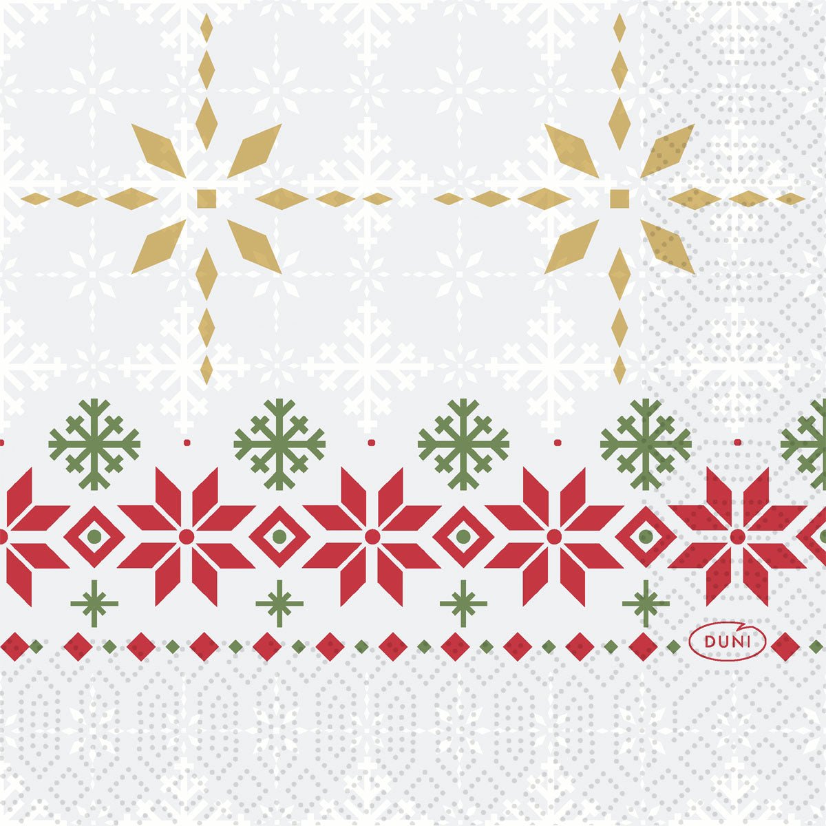 The Duni GmbH napkins 24x24 3-ply Tradition feature golden and white snowflakes on a light background, bordered by red and green geometric accents, with the Duni logo at the bottom right. Package: 50 pieces.