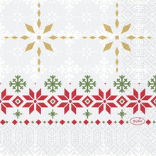 The Duni GmbH napkins 24x24 3-ply Tradition feature golden and white snowflakes on a light background, bordered by red and green geometric accents, with the Duni logo at the bottom right. Package: 50 pieces.