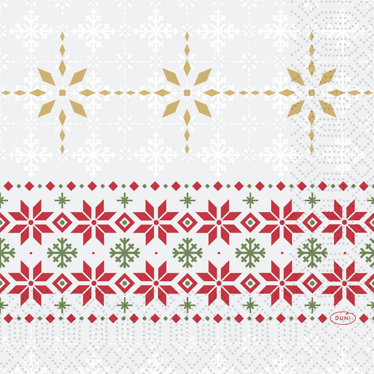 The 33x33 3-ply 1/4 Tradition napkins by Duni GmbH feature golden, red, and green stars and snowflakes in rows on white, reminiscent of classic Christmas decorations. The package contains 50 pieces.