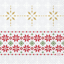 Patterned napkins 33x33 3-ply 1/4 Tradition by Duni GmbH: golden, red, and green geometric snowflakes and motifs on white with light snowflake accents. Pack of 250 pieces.