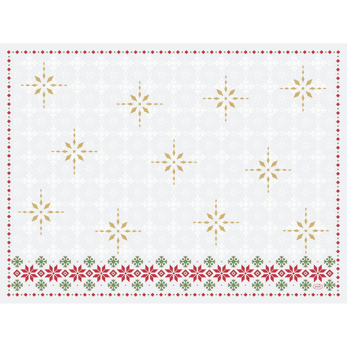 The Dunicel sets 30x40 placemat from Duni GmbH is rectangular, white, and decorated with golden and gray snowflakes as well as a red and green floral border at the bottom.