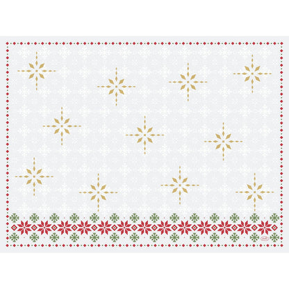 The Dunicel sets 30x40 placemat from Duni GmbH is rectangular, white, and decorated with golden and gray snowflakes as well as a red and green floral border at the bottom.