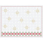 The Dunicel sets 30x40 placemat from Duni GmbH is rectangular, white, and decorated with golden and gray snowflakes as well as a red and green floral border at the bottom.