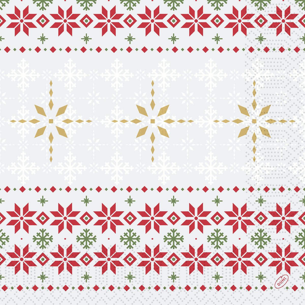 The napkins 40x40 3-ply 1/4 Tradition by Duni GmbH feature festive red, green, and golden snowflake and star patterns in rows on white - ideal for Christmas decoration. Each pack contains 250 napkins.