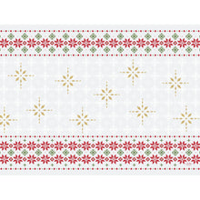 The Duni GmbH Paper Placemats 30x40cm Tradition (Pack of 250 pieces) feature horizontal rows of red and green floral motifs and golden star shapes on white - ideal for festive table protection or stylish holiday tables.