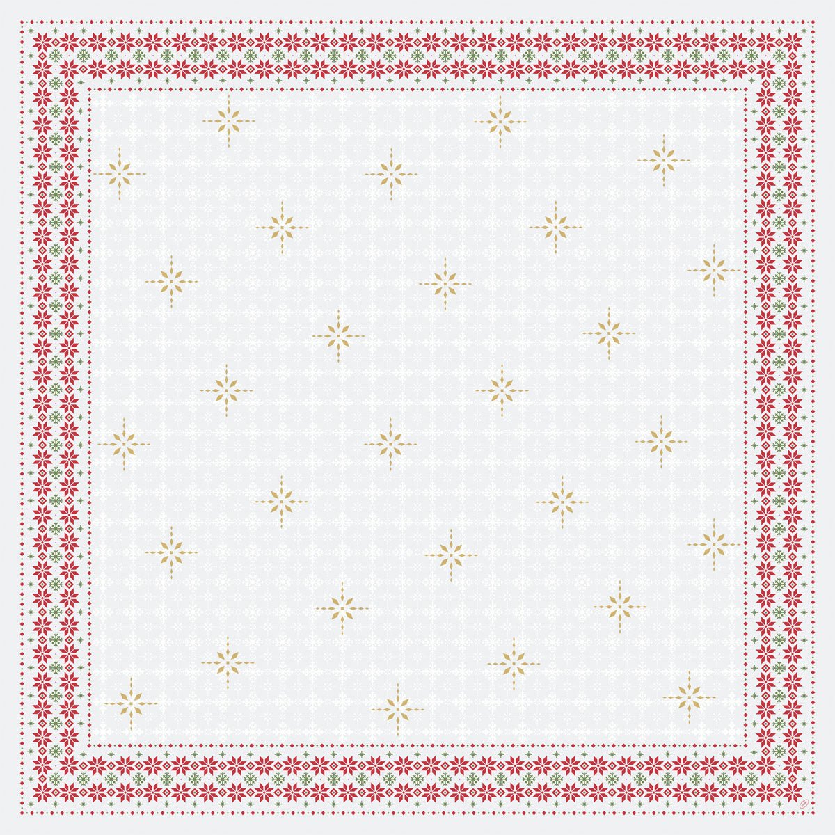 The Dunicel tablecloth 84x84cm Tradition by Duni GmbH has a white background with golden stars and red floral borders - an ideal, decorative choice for festive occasions. The package contains 20 pieces.