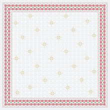 The Dunicel tablecloth 84x84cm Tradition by Duni GmbH has a white background with golden stars and red floral borders - an ideal, decorative choice for festive occasions. The package contains 20 pieces.