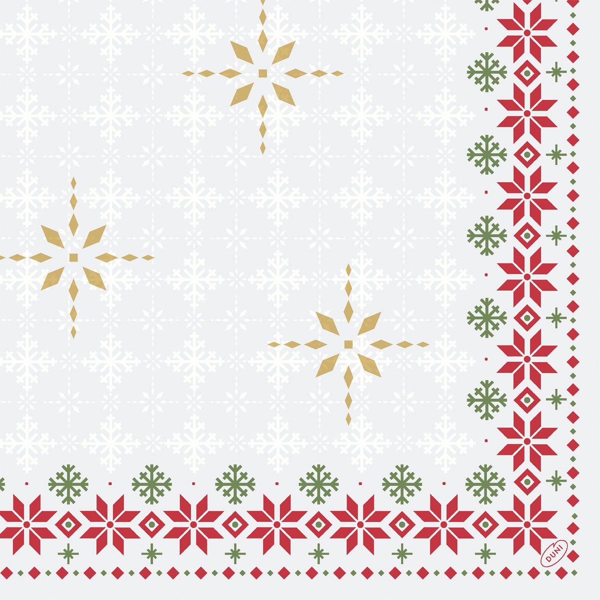 Golden and white snowflakes and geometric shapes adorn a bright background, framed by red and green poinsettias. Made from eco-friendly Dunisoft napkins 40x40cm by Duni GmbH. A small circular logo appears in the corner.