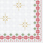 Golden and white snowflakes and geometric shapes adorn a bright background, framed by red and green poinsettias. Made from eco-friendly Dunisoft napkins 40x40cm by Duni GmbH. A small circular logo appears in the corner.