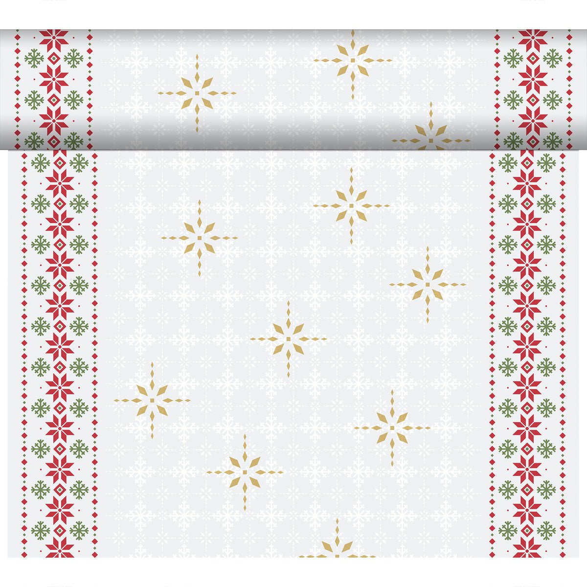 The Dunicel-Tete a Tete 0.4x24m from Duni GmbH features golden snowflakes in the center, red and green floral borders, and a subtle white snowflake background - perfect as an elegant table runner or table decoration.