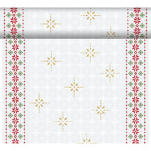 The Dunicel-Tete a Tete 0.4x24m from Duni GmbH features golden snowflakes in the center, red and green floral borders, and a subtle white snowflake background - perfect as an elegant table runner or table decoration.